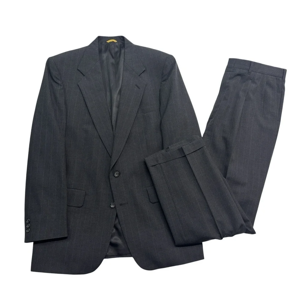 vtg 90s Sterling & Hunt 42L 36x31 Charcoal Stripe 2pc Pant Suit USA‎ 100% Wool